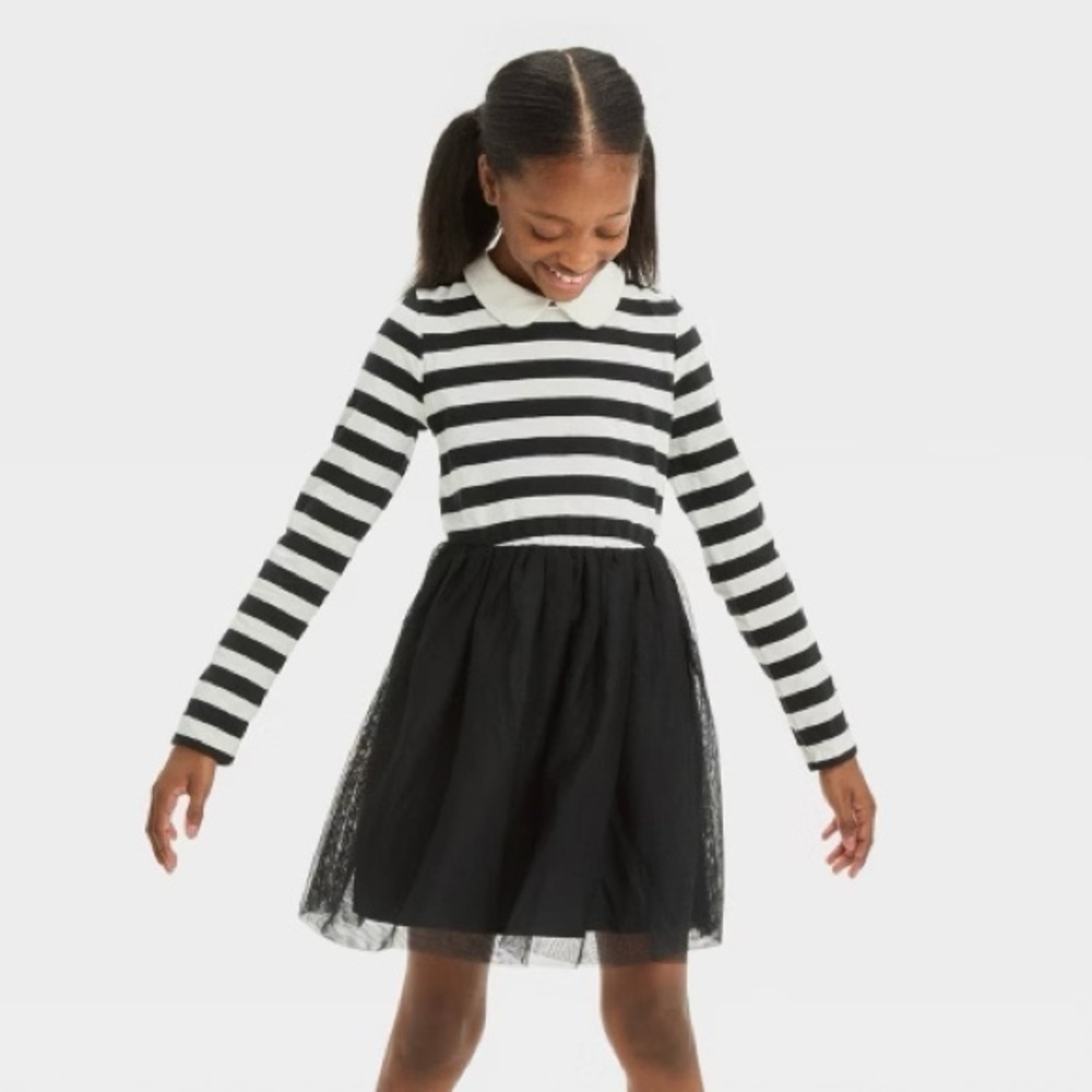 Cat & Jack tulle skirt dress long sleeve Halloween Wednesday Addams‎ Black White